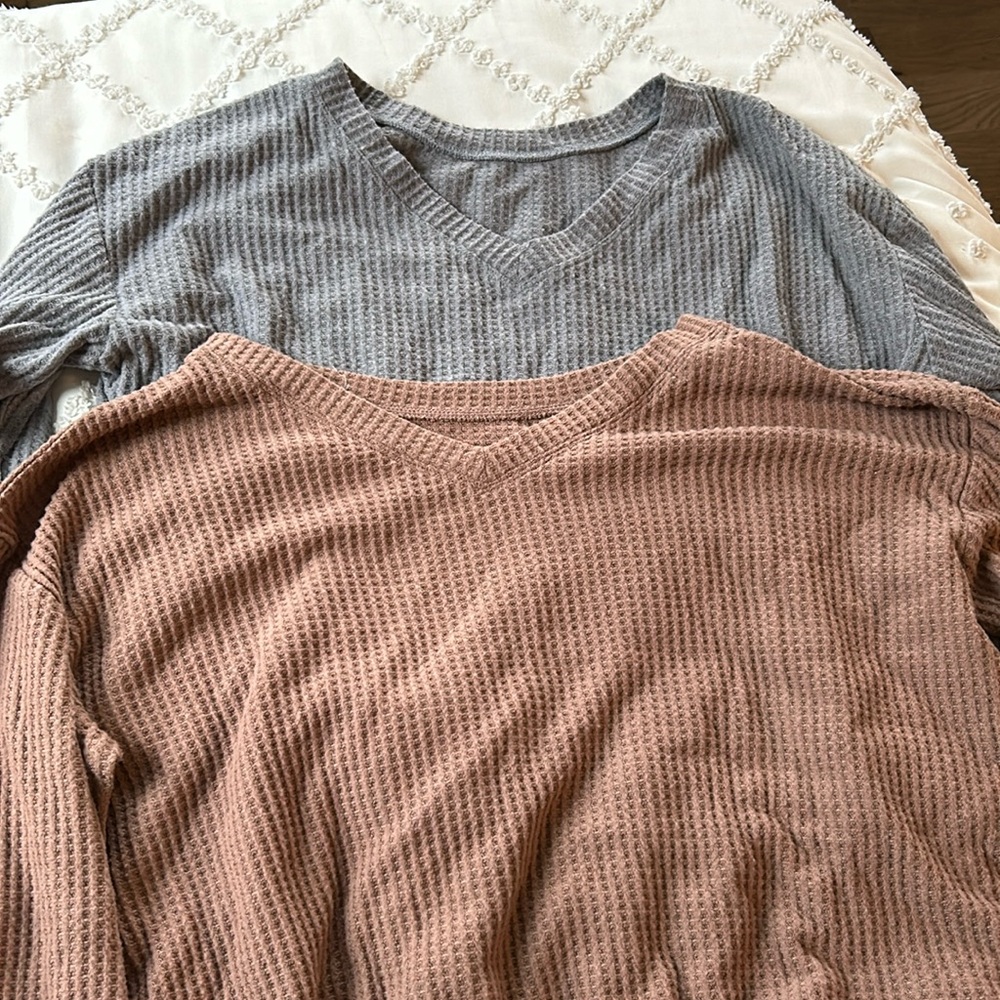Two Aeropostale waffle knit sweaters in size XS, one in brown and one in grey